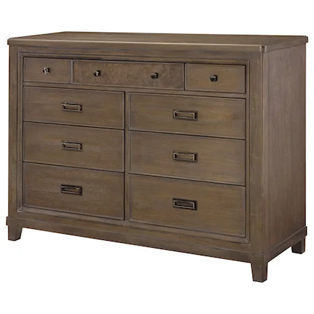 Contemporary 9-Drawer Dresser with Drop Top Center Drawer with Media Storage